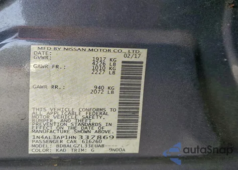 2017 Nissan Altima 2.5 z USA, uszkodzony, nr VIN 1N4AL3AP1HN337869